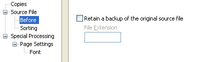 Print parameter properties dialog. Before is selected from the tree on the left, under source file. On the right, you can toggle to retain a backup of the original source file and indicate the file extension of the source file.